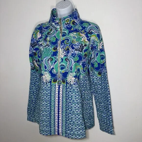 Lilly Pulitzer UPF 50+ Skipper Blue Grotto Sirens & Spirits Popover Women Medium - Picture 2 of 6